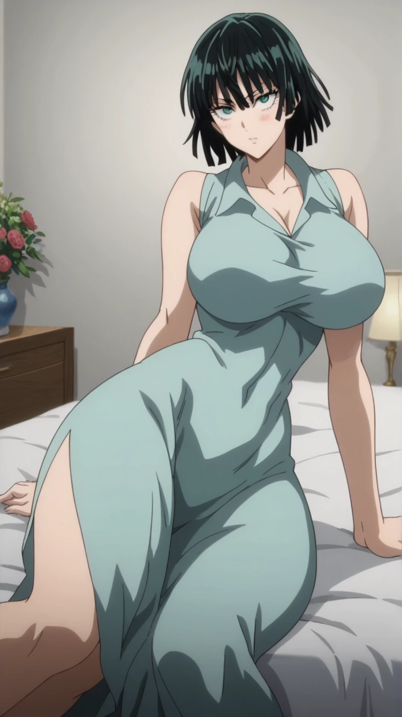 Prompt: (huge gigantic super mega hyper:1.2),(biggest round giant massive :1.2), (only one women) front view, bed room,night dress,sexy poses, source_anime,masterpiece,best quality,highres,absurdres,official art,official style,source_anime,anime screencap,anime coloring,megami magazine,anime,animated,explicit, shiny skin,large breasts,  black hair , fubuki ,one punch man,blush, side, on side,   fubuki,