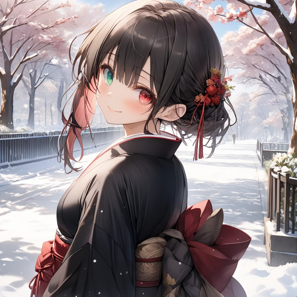 ( One girl ),yuzuki yukari,, black hair, black eyes,smile,blush、short hair, (long sidelocks:1.5), ( small tits:1.5),(Black kimono:1.5),stand、blue sky,Park Walkway、snow、front、( cowboy shot:1.5)、( perfect anatomy ),( best quality), ( ultra hi-res), (超 high definition ), ( Highly Detailed CG), (32K), (masterpiece)、eyesHD, heterochromia, red eyes, left eye red, green eyes, right eye green,