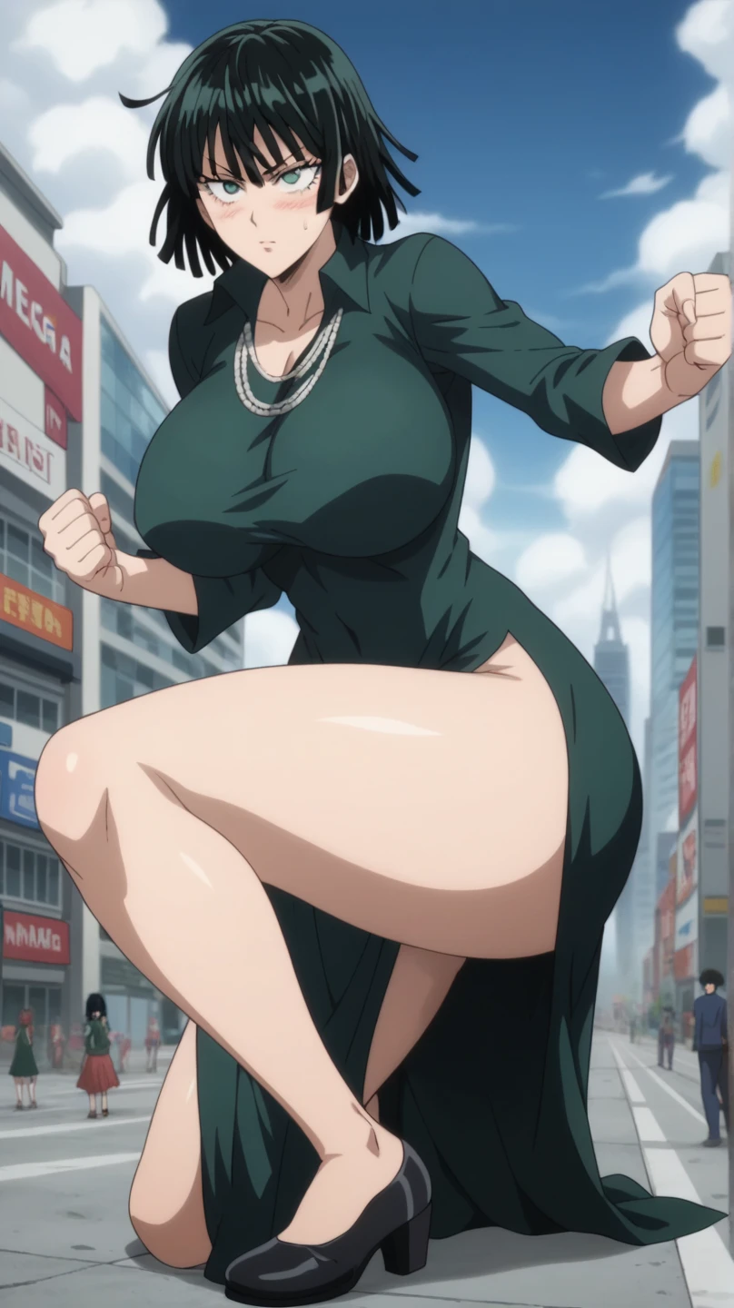 Prompt: (huge gigantic super mega hyper:1.3),(biggest round giant massive :1.3), (only one women) front view,full body covered in clothing, fighting, magic,dress,city,sexy poses, source_anime,masterpiece,best quality,highres,absurdres,official art,official style,source_anime,anime screencap,anime coloring,megami magazine,anime,animated,explicit, shiny skin,large breasts,  black hair , fubuki ,one punch man,blush, side, on side,   fubuki,