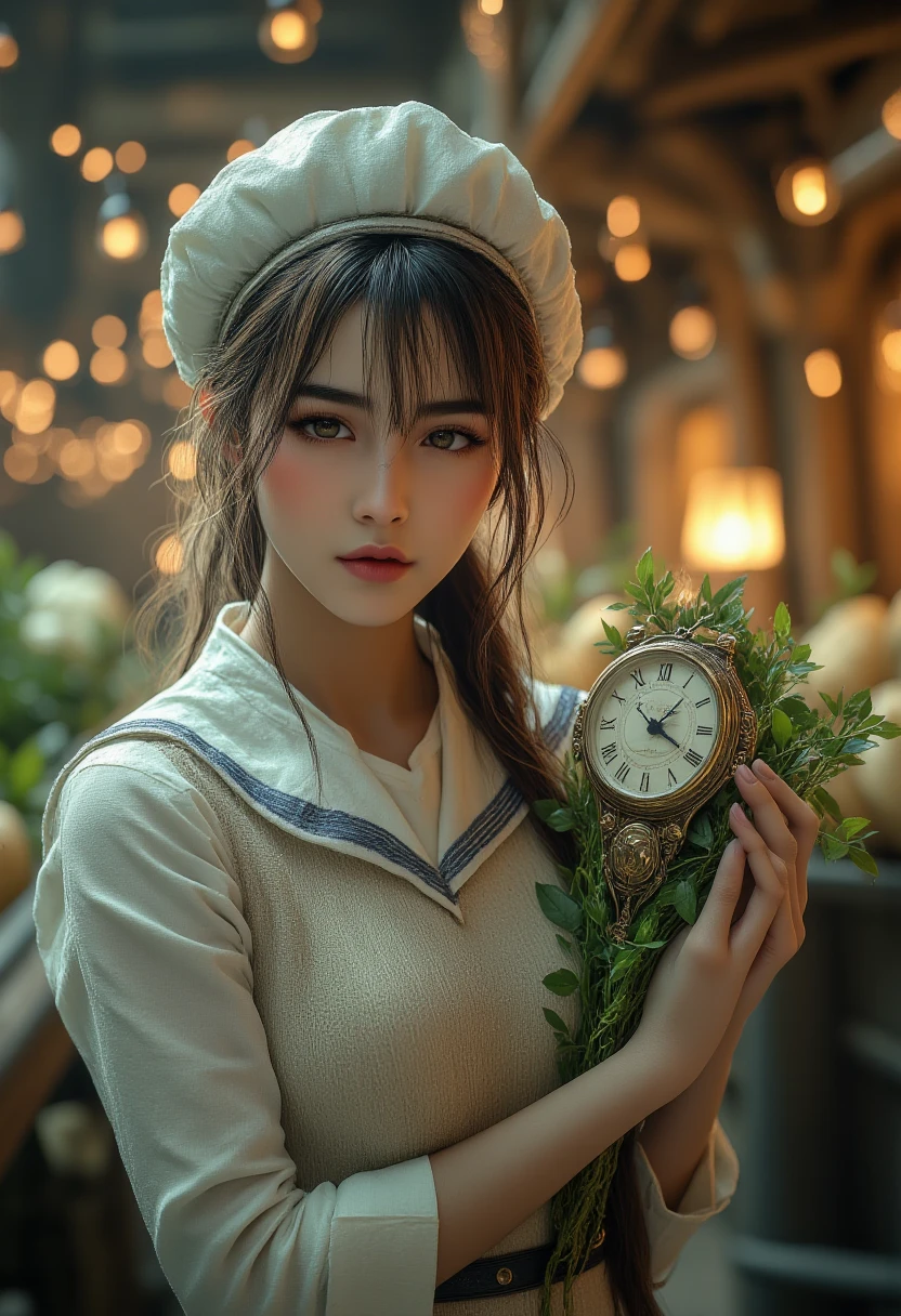 ultra-realistic, photorealistic, dramatic scene, shadow, global-illumination, solo, very beautiful Japanese woman, she is high  student, she works part-time at the factory, very beautiful with very cute but boyish cool face, wearing high school sailor uniform, she is working at the daikon radish figure factory, She is holding a realistic daikon shaped digital clock that is being carried on a conveyor belt, Many identical clocks are being carried on a conveyor belt in an orderly fashion, the cute clock that she is holding is 1 daikon\(white porcelain, digital clock, intricated detailing, antique, elegant, daikon radish shaped clock, Meissen, Cibulak, Glossy and smooth surface, large, very cute, smile, chubby, full body\), the factory is gorgeously decorated with bamboo and festive Christmas illuminations, shoot from side
