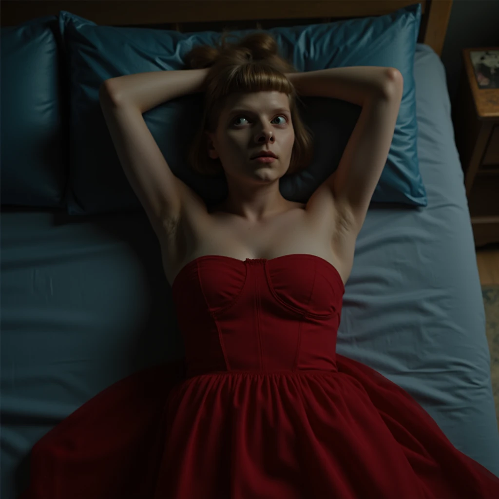 Aurora Askens, picture from above, lying  limp on a bed on back, red strapless dress, drunk face, arms up