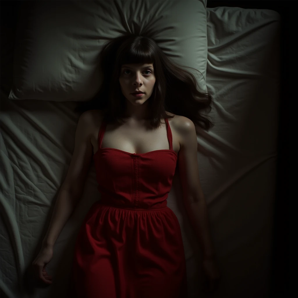 Aurora Askens, picture from above, lying  limp on a bed on back, red strapless dress, drunk face, arms up, black hair