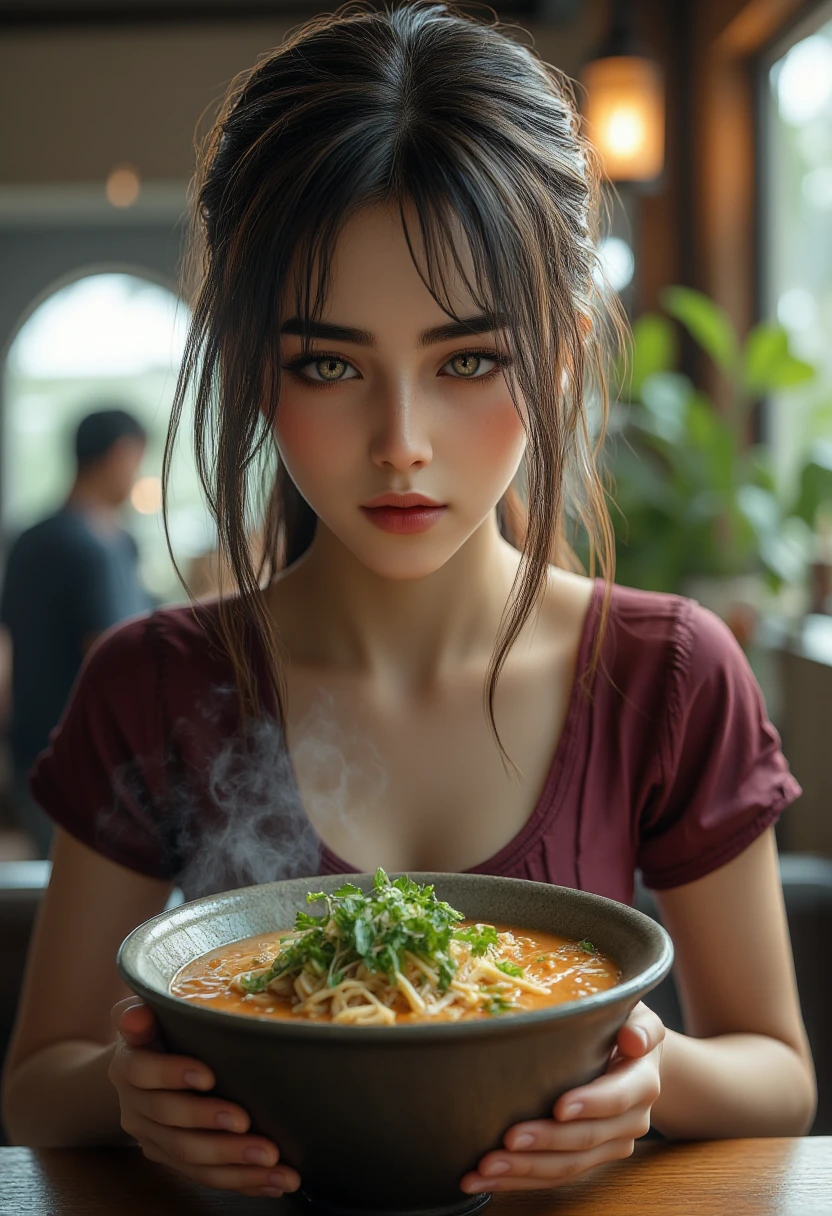 At a ramen shop,With no expression,Bring your face close to the bowl , eyes look at the ramen inside the bowl ,Silence々 and use chopsticks to fill your mouth full of ramen,Super beauty,18 years old,High school girl in school uniform, looks a little angry ,Very comical ,
