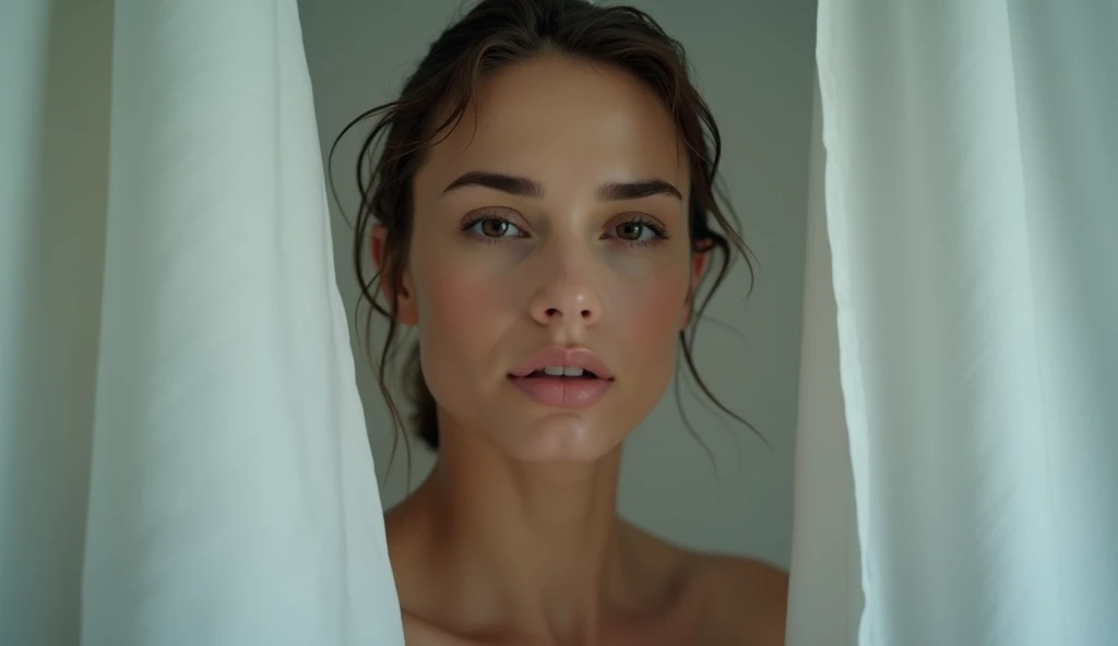 (8k, raw photo, highest quality, masterpiece:1.2), (Realistic, photo-Realistic:1.2), (ultra high resolution), (Super detailed), Lara Croft from "Tom Raider" , 17 years old, close eyes, mouth open, sticks out his tongue with, speckled white cream flowing at the tip of his tongue, under light and translucent veil covers his body, room in 1472