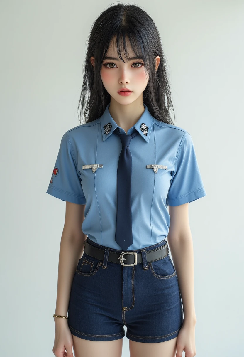 High resolution image , top quality,(( one beautiful Japanese schoolgirl standing in front of a wall:1.5)),(( slender body:1.2)),((Blushed face:1.0)),real skin ,small breasts, shiny hair , Super Detailed Black Eyes , simple background,(( Equipped Police Belt :1.2)),((View watch)),(( shot from the front:1.2)),8k,((Face the front:1.2)),(Drunk:1.6)),((short police skirt:1.2)),((short sleeve police shirt )),Captivating thighs,(( Unmanned White Background :1.2)),(((Lower your arms:0.5)))
