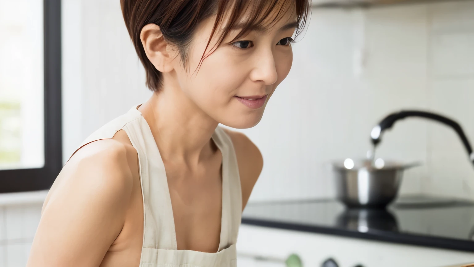 (masterpiece),  High Quality ,  High Definition ,  back view of a skinny Japanese woman , 40 years old,  naked but wearing only an apron,  Shorthair,  cute face,  detailed face ,  detail eyes,  standing in the kitchen