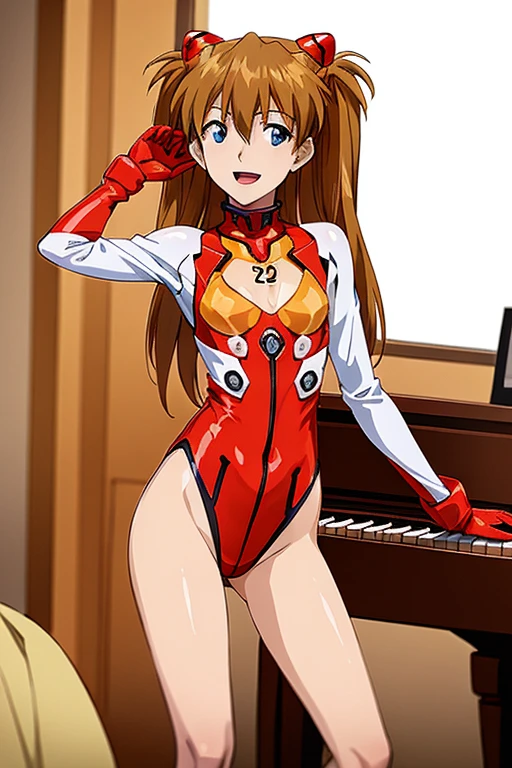 (( top quality )), ((masterpiece)), (be familiar with),  perfect face, indoor, bedroom,  Watching Viewers ,
One woman,  Soryu Asuka Langley,
 open mouth,  ecstatic expression beside the piano, blush, smile,
 small tits,  flat chest, Young girl, Lori,  s,  girl,
 long hair,  twin tails,
Leg spread,