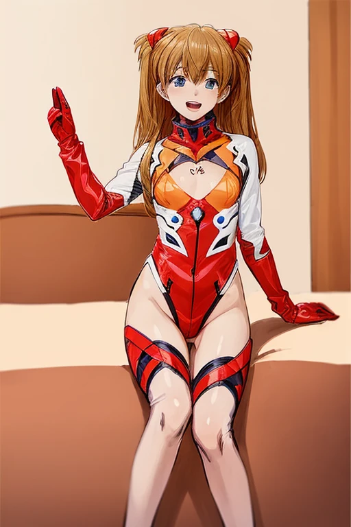 (( top quality )), ((masterpiece)), (be familiar with),  perfect face, indoor, bedroom,  Watching Viewers ,
One woman,  Soryu Asuka Langley,
 open mouth,  ecstatic expression beside the piano, blush, smile,
 small tits,  flat chest, Young girl, Lori,  s,  girl,
 long hair,  twin tails,
Leg spread,