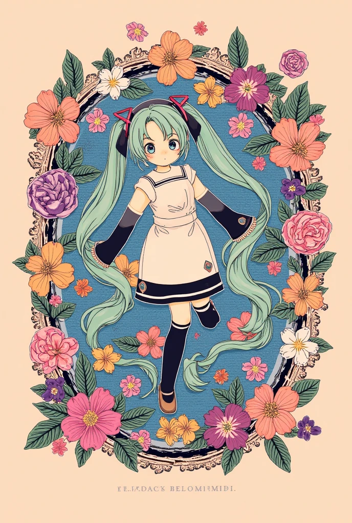 (masterpiece、 top quality 、 top quality 、 Official Art 、 Beautiful and Beautiful :1.2)、( One Girl :1.3) Hatsune Miku 、 twin tails, Beautiful breasts,   cute girl、 slightly vintage color,flat,,リソーPrintスタイル, illustrations, adorable, leave blank ,Low saturation, lots of flowers ，Individually arranged ，Leaf，[branch， Print，  stickers， random arrangement ，Nice drawing style，  color guide ， graphic design ， carpet pattern ，（Solid color background）