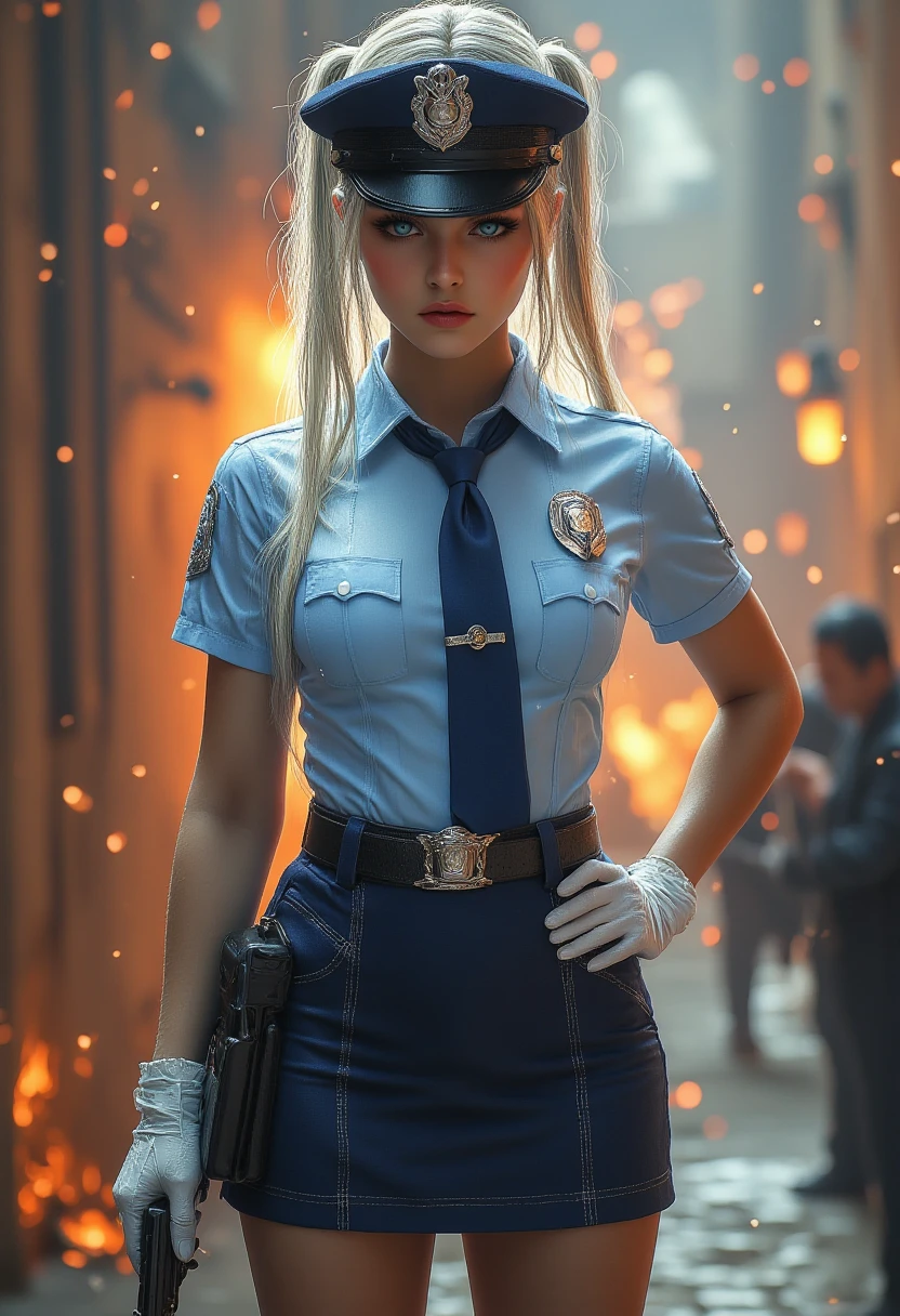 (((perfect anatomy, Super detailed skin))), policewoman, shiny leather, big breasts:0.5, looking the other way , searching for, beautiful face , beautiful detailed eyes , ( long hair:1.5, two tails:1.7), by the ruby, with beautiful detailed eyes, ((dark blue eyes)), solitary images, beautiful body, beautiful thighs, nice legs, baby face, moon under the eye , ((policewoman uniform, light blue short-sleeved shirt, navy blue tie, high waist miniskirt), belt, white gloves , police hat, ((( pointing at the spectator, sosteniendo una pistol, pistol))), , ( beautiful landscape ), wilderness, city on fire, 8K, de primera calidad, masterpiece:1.2, extremadamente detallado), ( realistic , photo realistic :1.2), Beautiful illustration, cinematic lighting.
