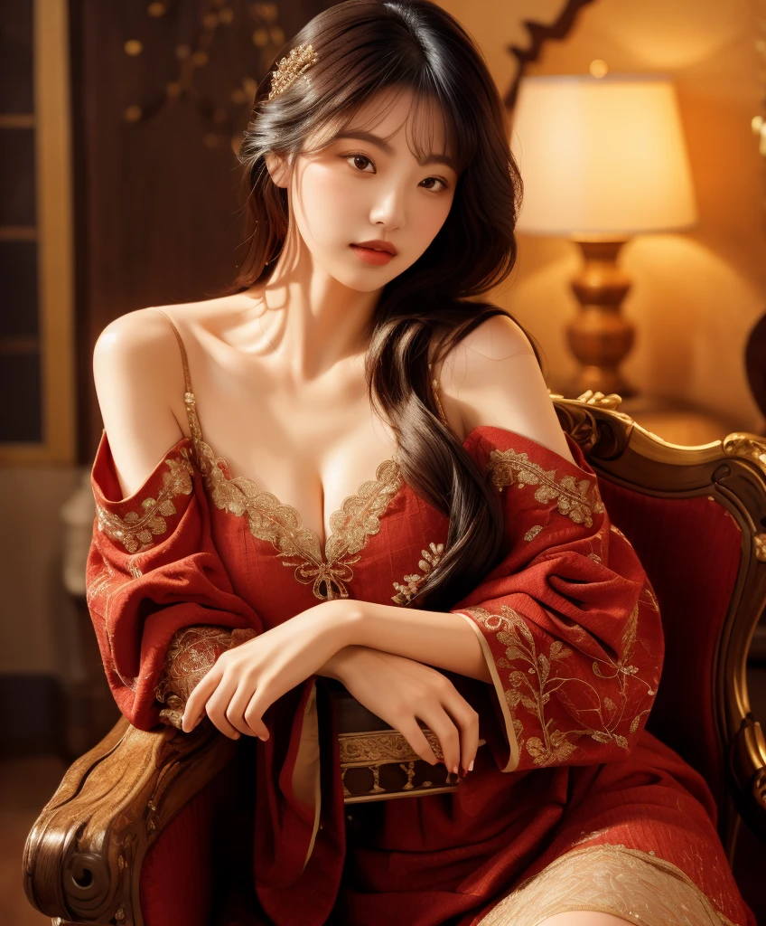 best qualtiy, tmasterpiece, 超高分辨率, (realisticlying:1.4), RAW photogr, 1girll, ((Red lace dressing gown)), ((middlebreast)), cold light