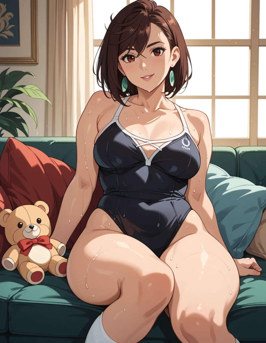  Perfect lighting by Momo Ayase ,  brown hair,  brown-eyed , medium hair, fringe, toys, wearing sexy black swimsuit,  short white socks,  open legs , Relaxing on the couch, sitting,  seductive smile,  front view ,  thick thighs , brilliance, Sweat,  perfect anatomy , award-winning anime 