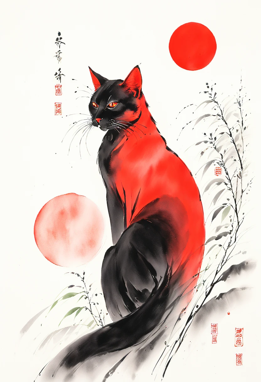 cat, red sun,