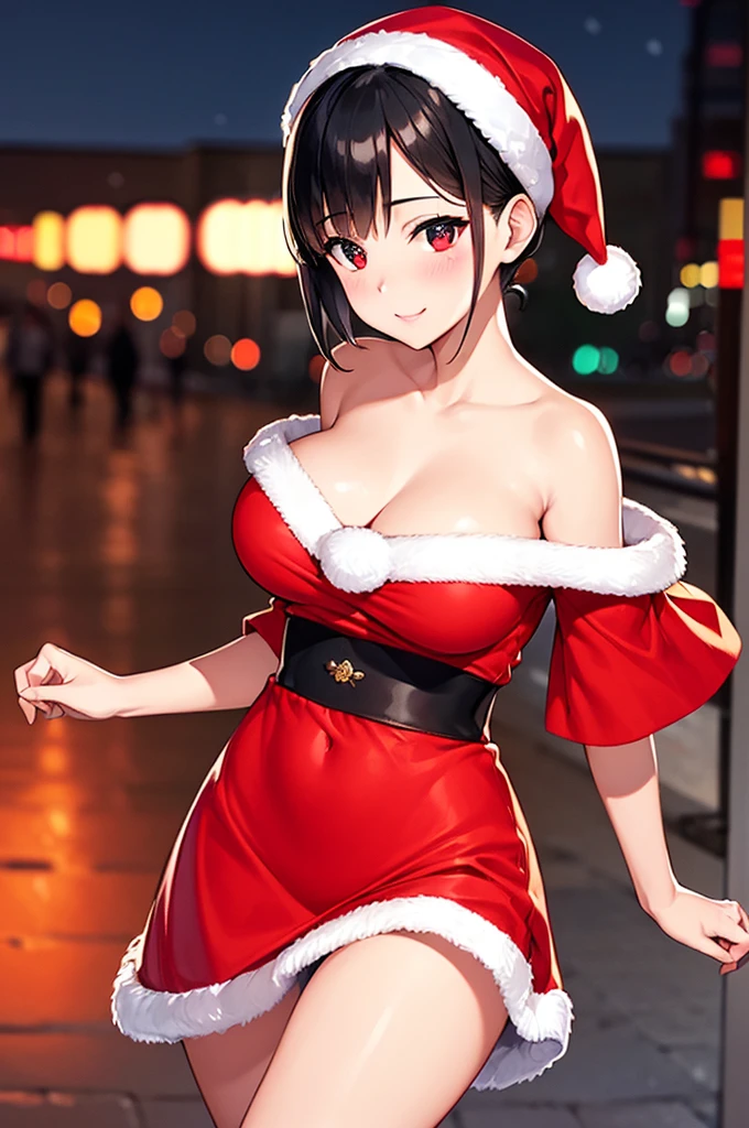 best quality, 8k, very delicate and beautiful, highly detailed face and skin texture, shiny skin, high resolution, huge tits cute black short hair japanese girl in sexy red santa dress walking on street at night with huge smile, under, neon light, with snow drop, sharp focus