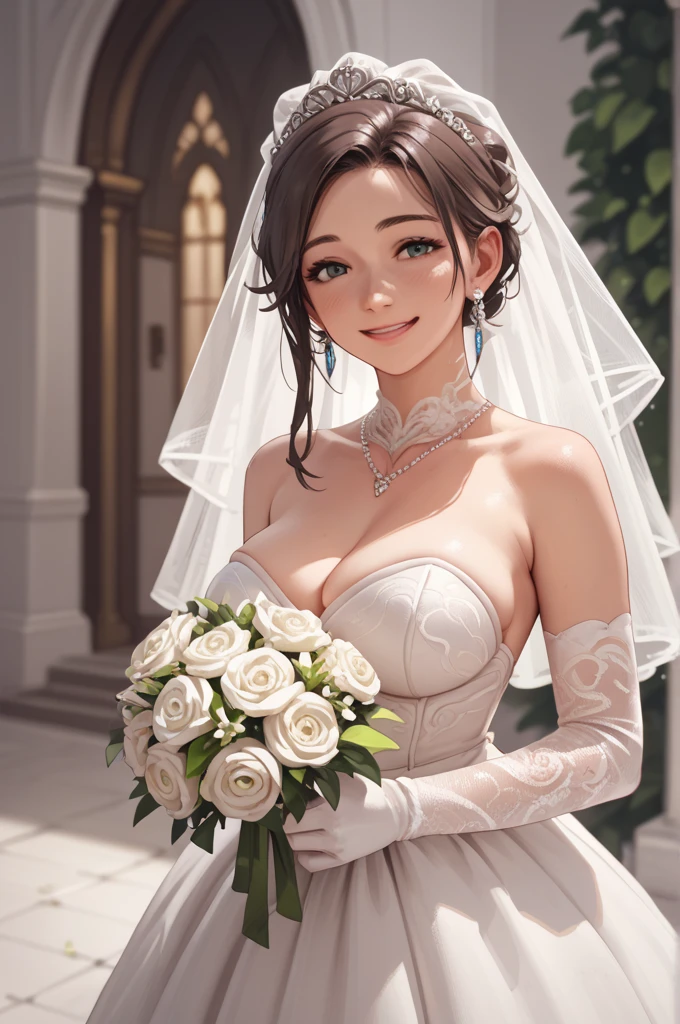  Big breasts ,  wedding dress,  holding a bouquet of flowers, at a wedding altar ,  light smile 