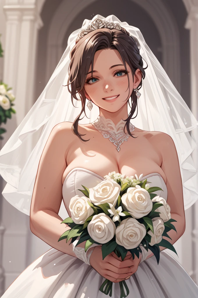  Big breasts ,  wedding dress,  holding a bouquet of flowers, at a wedding altar ,  light smile 