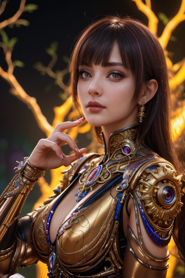 Masterpiece,Game art,The best picture quality,Highest resolution,8K,(Portrait),Unreal Engine 5 rendering works,(Digital Photography),((A close-up of a character's head:1.5)),
20 year old girl,Short hair details,With long bangs,(The red eye makeup is very meticulous),(White with short haiery red eyes,(Large, full breasts),Elegant and noble,Brave and charming,
(Cyberpunk combat suit combined with the characteristics of Chinese fairy costume,Combined with the characteristics of Dunhuang costumes,Ribbon,Golden pattern),Cyberpunk figures,Big moon background,
Movie lights，Ray tracing，Game CG，((3D Unreal Engine))，OC rendering reflection pattern