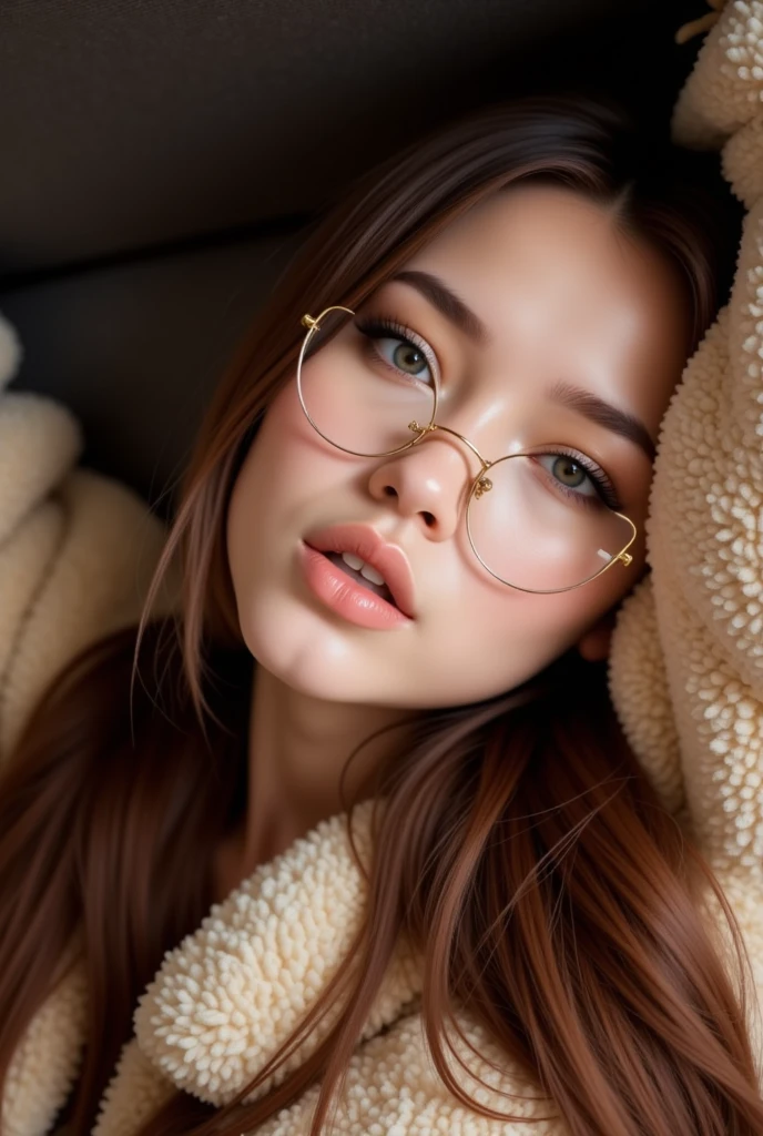 pretty girl with gold glasses, 18 years old, short hair (grey), cat eye (eyeliner), blured background, cute and sexy, great quality, Masterpiece, ultra realistic, skater outfit, pefect tits,