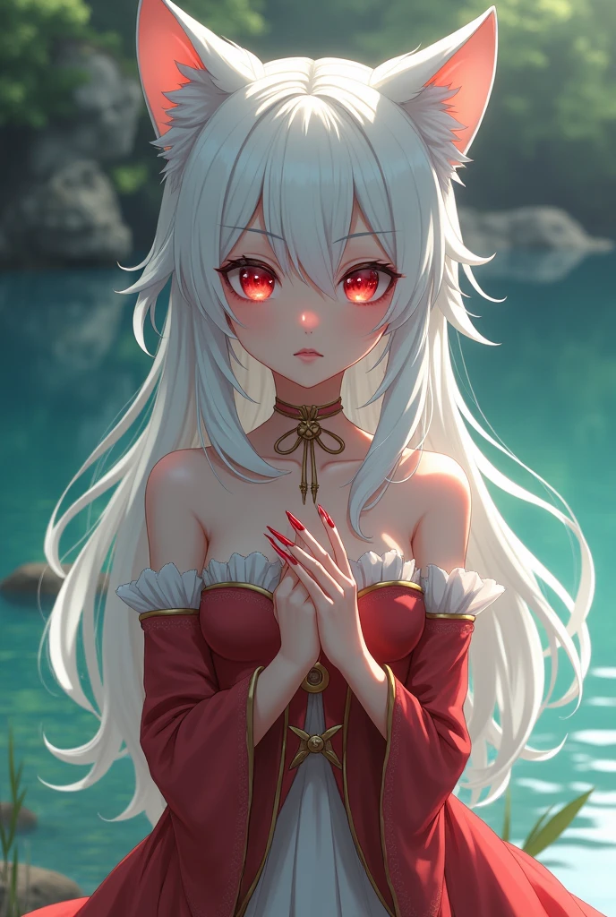 1 girl(masterpiece,top quality,best quality,official art,Beauty and aesthetics:1.2),white hair,red eyes,long hair,ponytail,big sister,tall figure,enchanted,enchanting,Flushed complexion,Feminine smile,Very, very big,super gigantic breasts,Breasts larger than the head,Red and white kimono,white socks,clogs,Off the shoulders,cleavage,Large red bow,fox ears,Nine fox tails,Sitting on the stone steps by the water Pregnant, outfit partially removed, exposed breasts, lactating breasts, crying with scared expression on face.