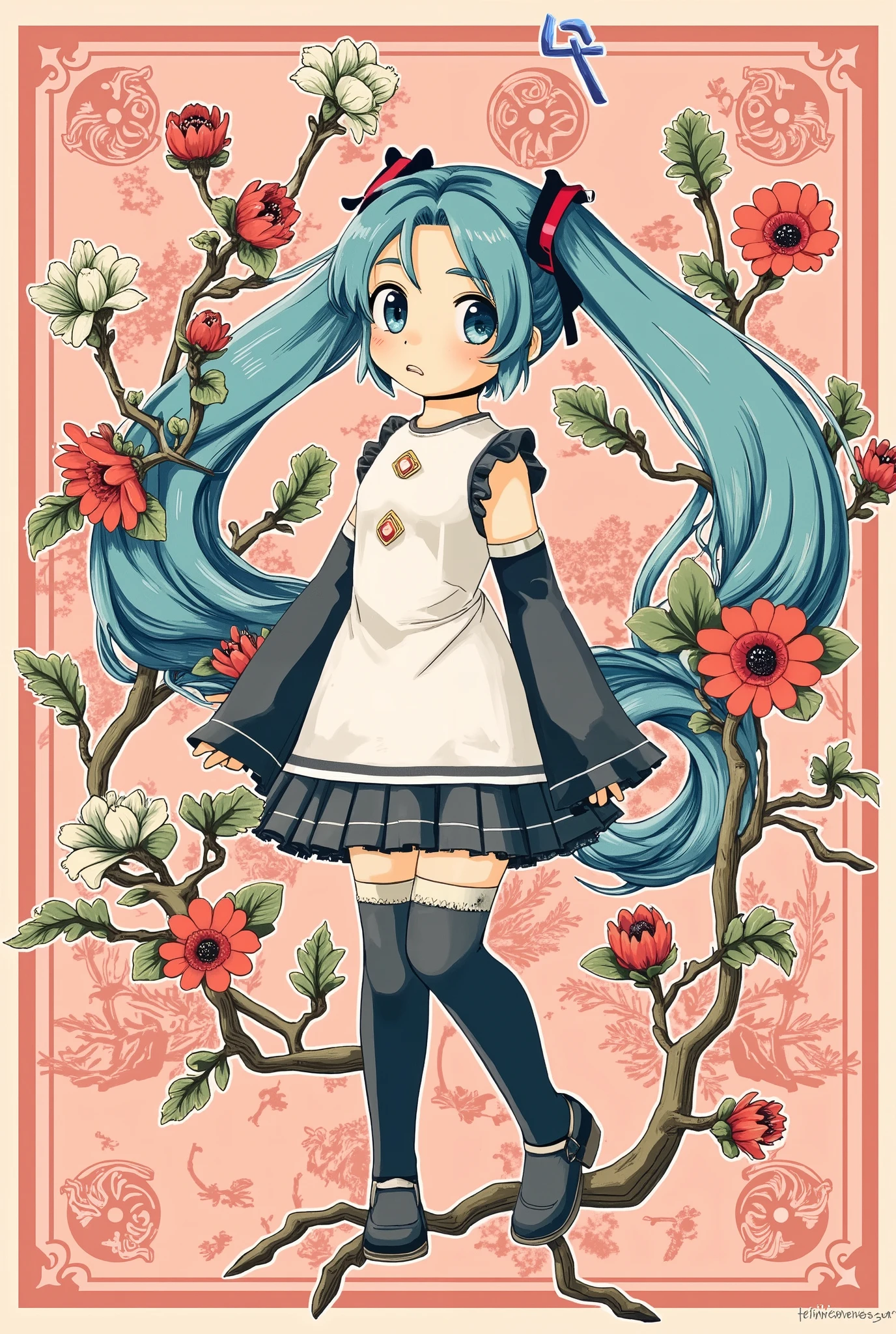 (masterpiece、 top quality 、 top quality 、 Official Art 、 Beautiful and Beautiful :1.2)、( One Girl :1.3) Hatsune Miku 、 twin tails, Beautiful breasts,   cute girl、 slightly vintage color,flat,,リソーPrintスタイル, illustrations, adorable, leave blank ,Low saturation, lots of flowers ，Individually arranged ，Leaf，[branch， Print，  stickers， random arrangement ，Nice drawing style，  color guide ， graphic design ， carpet pattern ，（Solid color background）