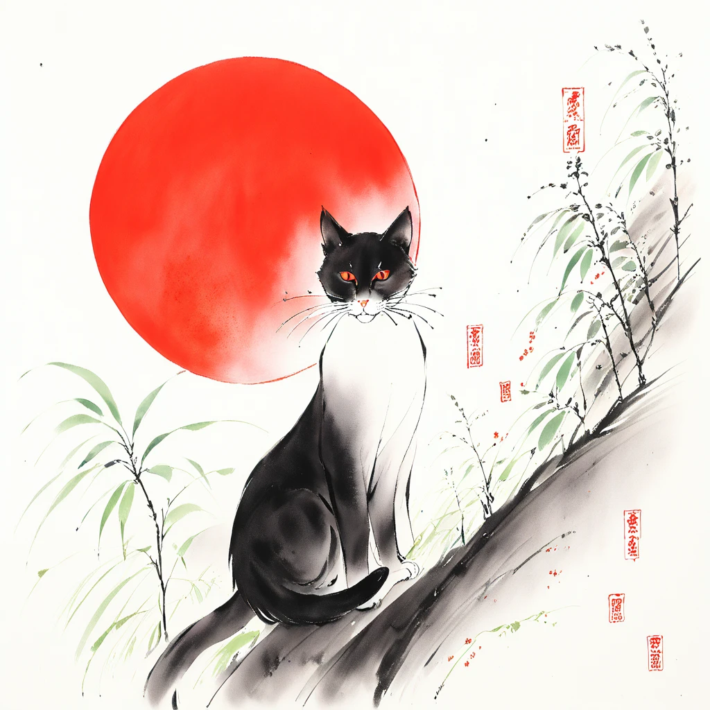 cat, red sun,