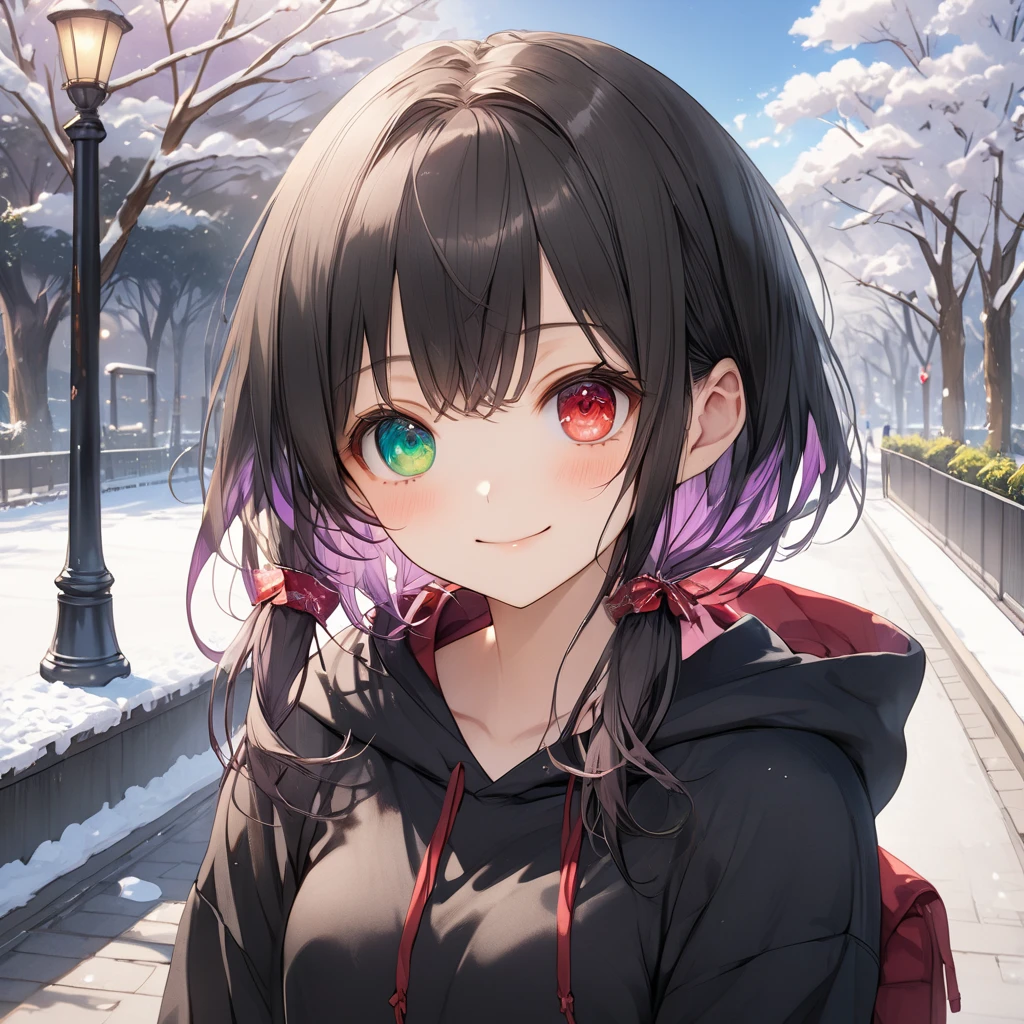 ( One girl ),yuzuki yukari, black hair, black eyes,smile,blush、short hair, (long sidelocks:1.5), ( small tits:1.5),( black hoodie:1.5),(purple inner ),( purple thigh ),stand、blue sky,Park Walkway、snow、front、( cowboy shot:1.5)、( perfect anatomy ),( best quality), ( ultra hi-res), (超 high definition ), ( Highly Detailed CG), (32K), (masterpiece)、eyesHD, heterochromia, red eyes, left eye red, green eyes, right eye green,