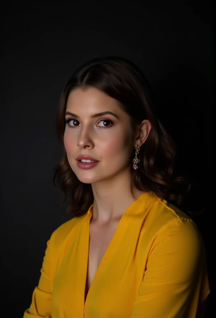  portrait photo of a woman , monochrome dark gray background, yellow top