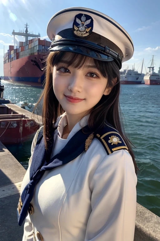 ((Best quality、masutepiece、8K、Best picture quality))、(1 photo:1.5)、(1 female naval officer:1.5)、(perfect original navy white uniform:1.3)、(uniform real navy:1.3, white color)、( real navy hat: 1.3) 、 (anatomically accurate: 1.3) 、 cowboy shot 、 biggest smile when you look at me 、 (In the background is the harbor with big ships: 1.3) 、 face like adults、Luminescence、clear
