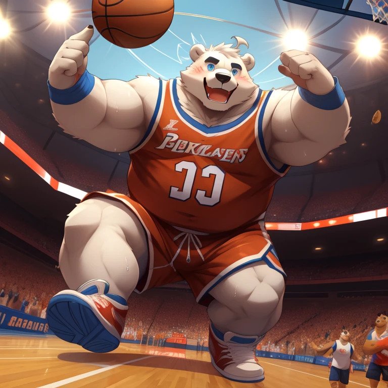 New Jersey 5 Furry,polar bear,(basketball court),((dunk)),((with a basketball)),Masterpiece,Highest image quality,Solitary,Chubby,Fat, big muscular Thick arms,Rugged muscles,(((White plush fur))),Chubby Face,(Black eyebrows),Sky blue eyes,((ahoge)),(basketball uniforms, basketball shorts, sneakers),solitary,(sweat),(Hip bulge),((motion perspective)),((wide dynamic range)),blush,((happy)),((running view)), (Massiv:3.0, ( heavyweight ,stark,Macro, Emphasize ))