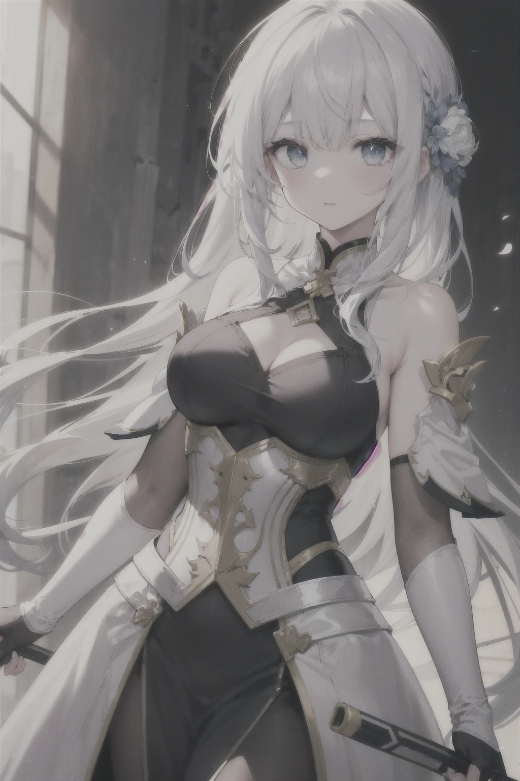 a beautiful girl with white hair, small breasts, looking straight ahead, detailed eyes and face, cinematic lighting, fantasy, highly detailed, 8k, photorealistic