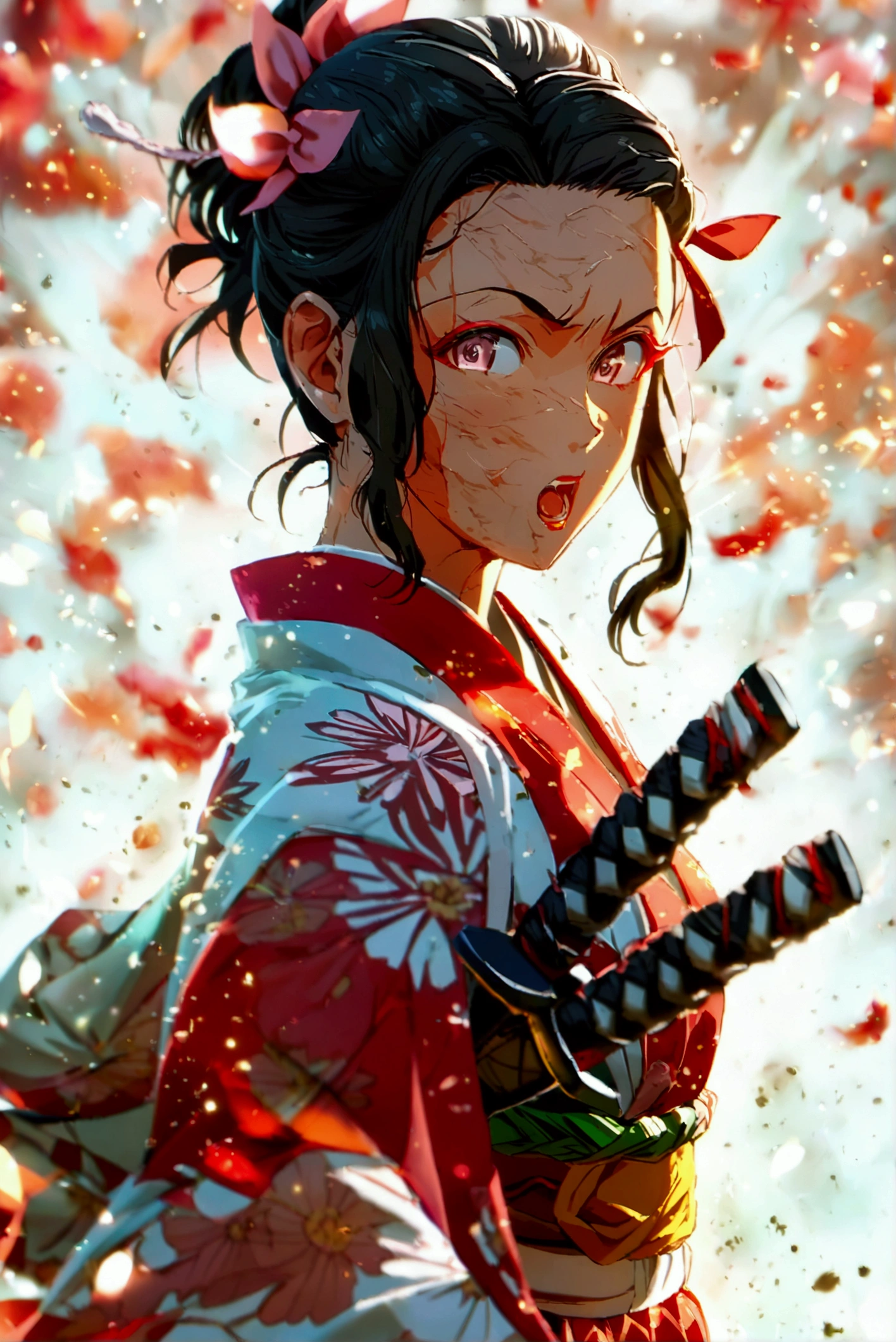 Nezuko from demon slayer, ripped kimono, big breasts, facing the public, on her demon stage, white background, anime style, full body, fighting pose