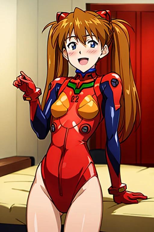 (( top quality )), ((masterpiece)), (be familiar with),  perfect face, indoor, bedroom,  Watching Viewers ,
One woman,  Soryu Asuka Langley,
 open mouth,  ecstatic expression beside the piano, blush, smile,
 small tits,  flat chest, Young girl, Lori,  s,  girl,
 long hair,  twin tails,
Leg spread,