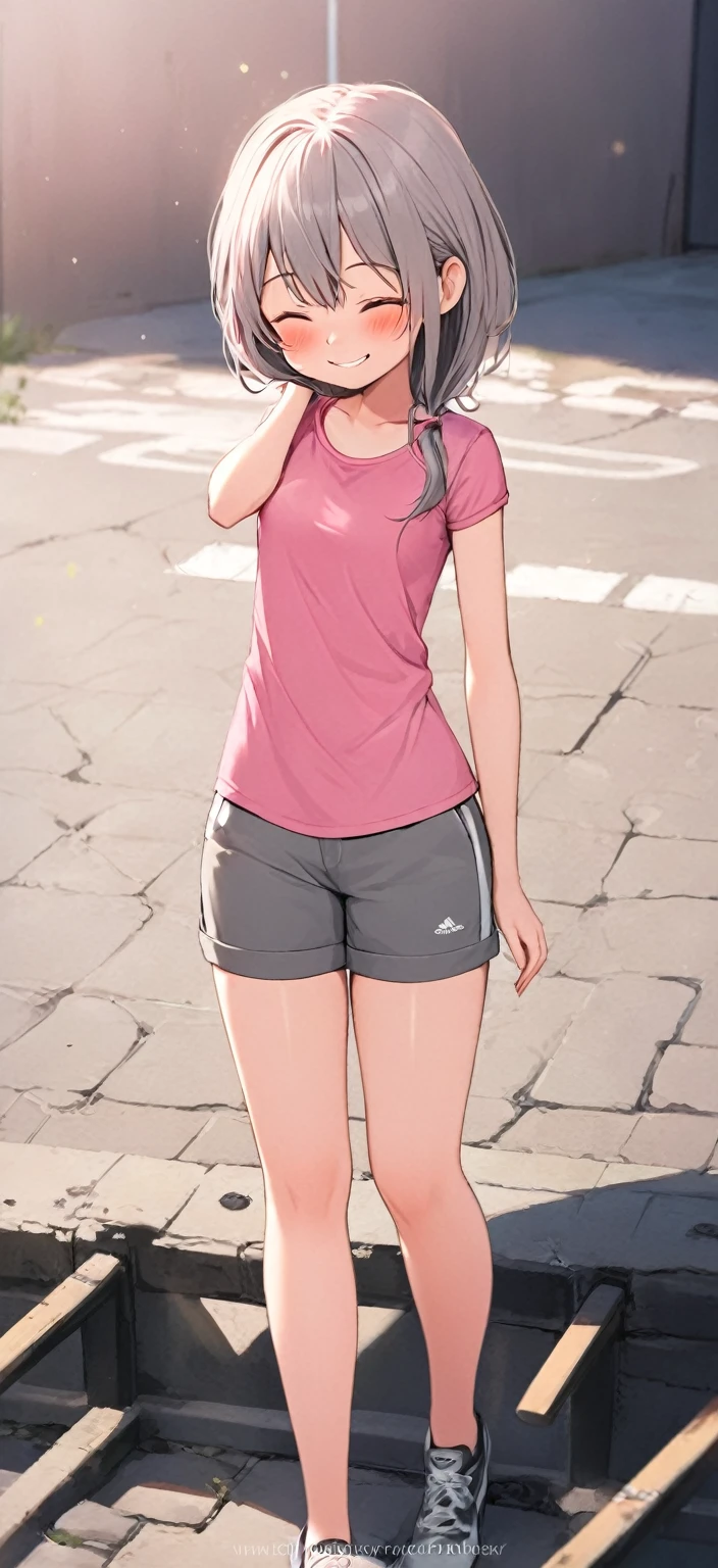  one woman, cute woman sitting, pink shirt with knee ,Grey shorts,Hair is black,blush,smile, have their eyes closed, standing, I'm not looking here