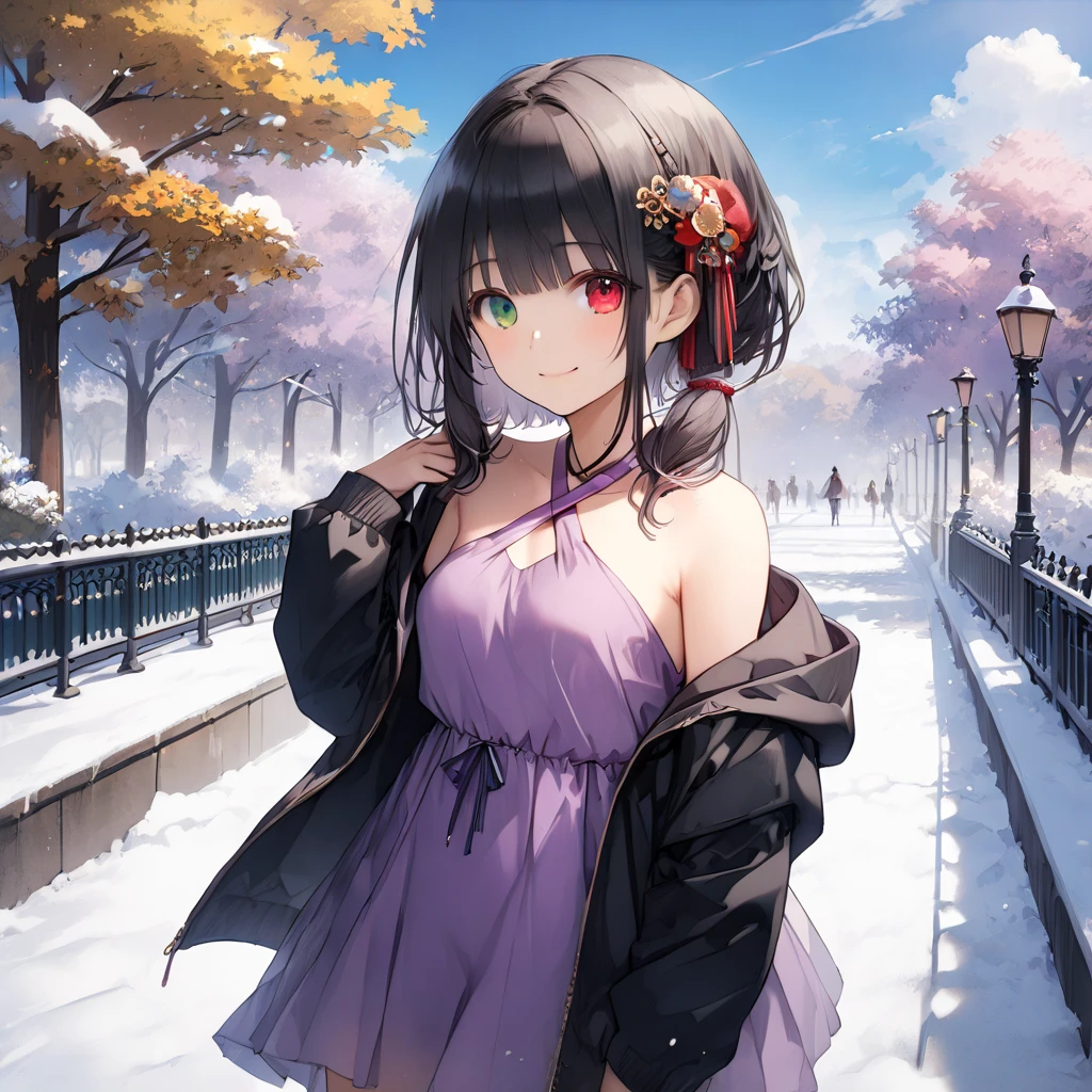 ( One girl ),yuzuki yukari, black hair, black eyes,smile,blush、short hair, (long sidelocks:1.5), ( small tits:1.5),(hair ornament, criss-cross halter, purple dress, black jacket, hooded jacket, long sleeves, purple thighhighs),stand、blue sky,Park Walkway、snow、front、( cowboy shot:1.5)、( perfect anatomy ),( best quality), ( ultra hi-res), (超 high definition ), ( Highly Detailed CG), (32K), (masterpiece)、eyesHD, heterochromia, red eyes, left eye red, green eyes, right eye green,