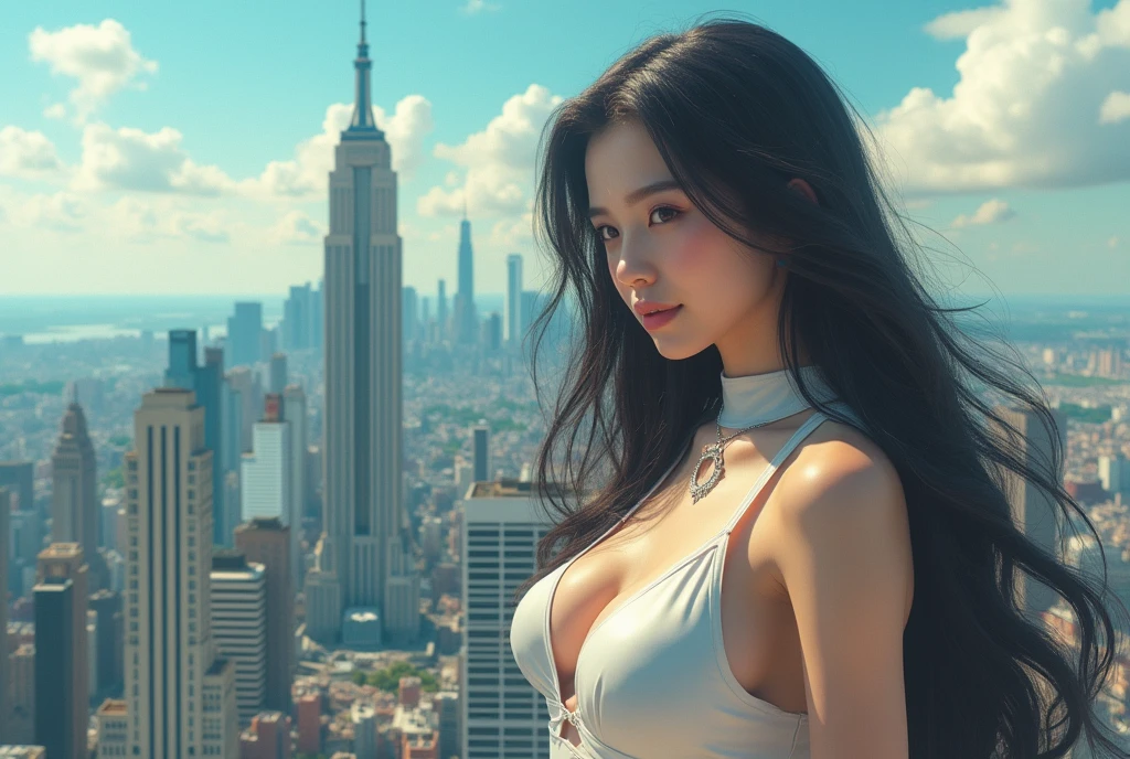 A woman with the supernatural power to fly、Hair blowing in the wind and clothes fluttering in the wind、(Soaring above the big city:1.6)、mynatalee 、 (highest quality、4k、8k、High resolution、masterpiece:1.2)、Super detailed、(Real、Photorealistic、Photorealistic:1.37)、HDR、Bright colors、Portrait、Sharp focus、Studio Lighting、anime、Bright colors