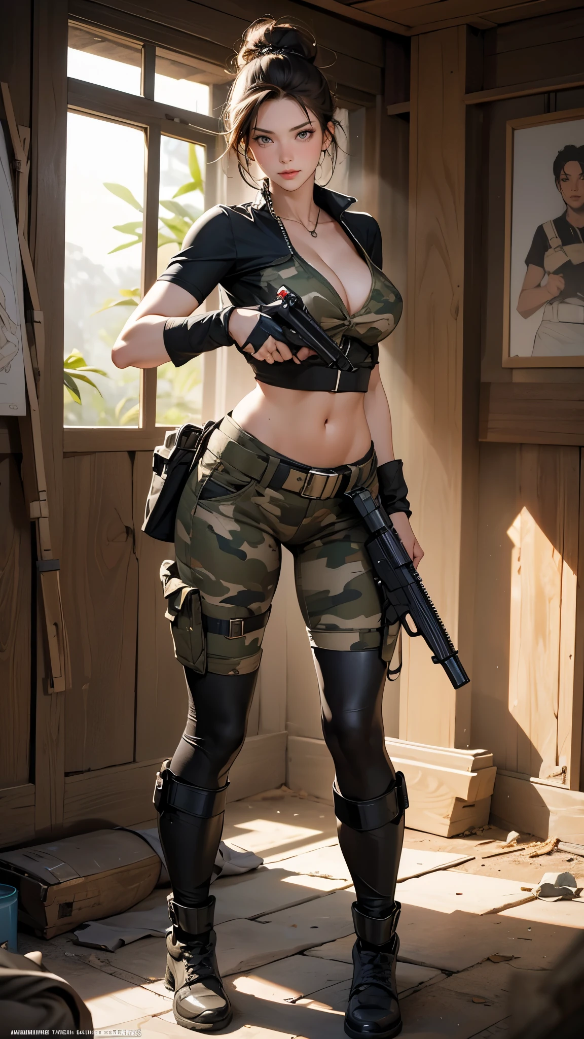 (action, dynamic composition with a sense of speed and dynamism), ((full body shot)) , (from_below, foreshortening), incredibly absurdres), Solo, female, beauty female treasure hunter, 47yo, (((aiming a hand gun to viewer))), brown hair, shot updo, perfect beauty face, smirky facial, detailed eyes, cleavage, athlete figure, abs, detailed skin texture, sharp makeup, a camouflage top, a camouflage short pants with tactical belt, fingerless grooves, gun holster, knife holster, rope , nsfw, best quality, incredibly absurdres, RAW photo, extremely detailed, 8k CG, uncompromising description of art, perfect anatomy, anatomically correct rendering, realistic, photorealistic, treasure, ancient , background of a ruined temple in amazon ,treasure hunting ,