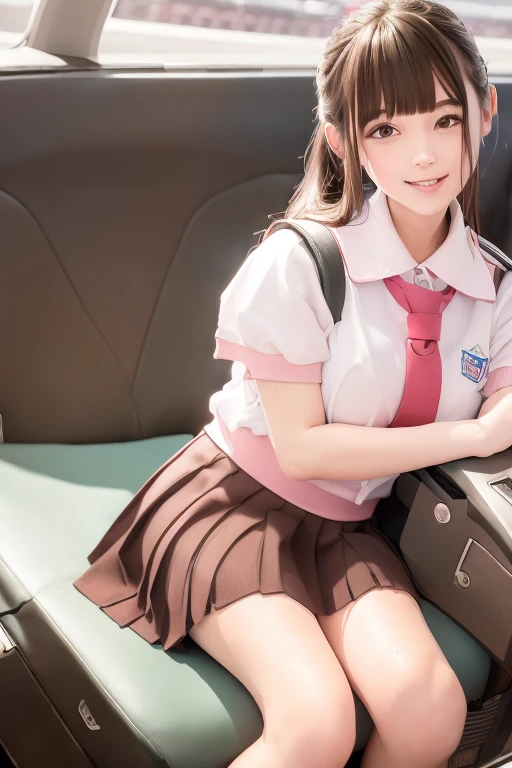 ((best quality))8k,masterpiece,High school girl straddling an airplane 、 cute high school girl、 short sleeve sailor suit、pink collar、 pink pleated skirt 、Three-fold socks、Brown loafers、 flying through the sky over a jet aircraft、 Clear Days 、The city can be seen far below 、Pull out your butt and defecate、human focus