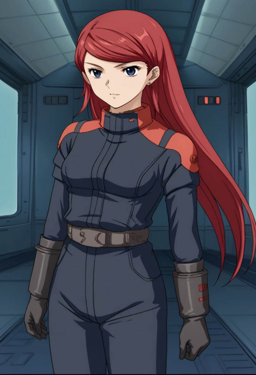 score_9、score_8_up、score_7_up、score_6_up、score_5_up、score_4_up、source_anime、 Shirley Ramsay、 redhead、 long hair、 Twin Blade、Z Gundam pilot suit、, black pilotsuit, black gloves