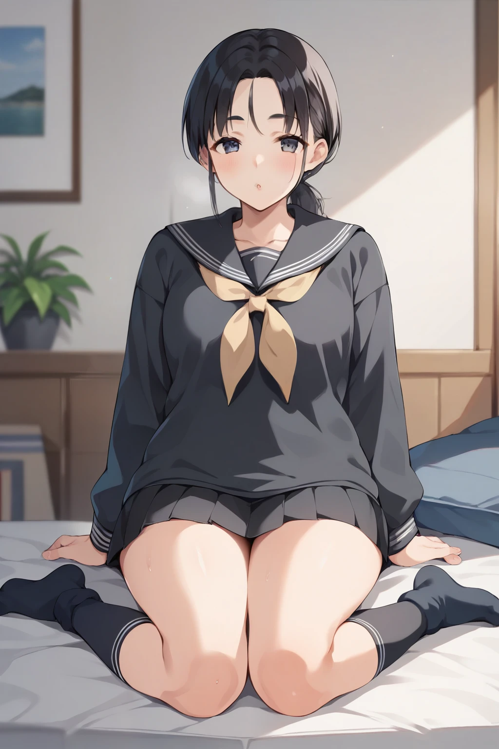 score_9, score_8_ up, score_7_ up, score_6_ up, score_5_ up, score_4_ up，ANIME BREAK ，nsfw， top quality ，( dirty black ankle socks back side  :1.5)、  from behind， sitting on a chair， long sleeve black sailor suit and middle skirt、 young girl， short， **ddler figure ，plump ********************* ，(Broad shoulders:1.2)、  pubic skin、  black hair， Low Ponytail ，(Part your bangs)，(Thin, thin eyebrows )，(Wide forehead)、 sweated， top quality ,  highest resolution， illustration style，