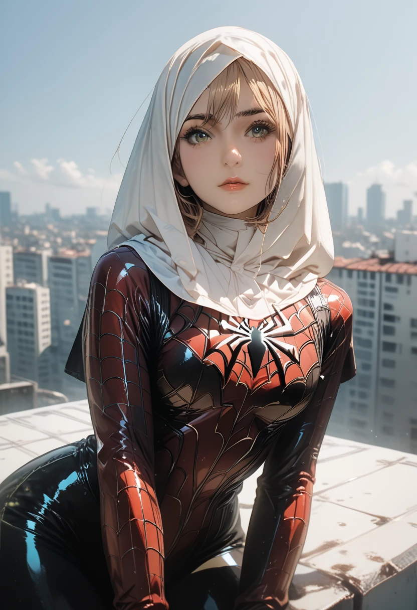 1girl, hijab, rooftop, score_9, score_8_up, score_7_up, score_6_up, score_5_up, score_4_up, spiderman suit