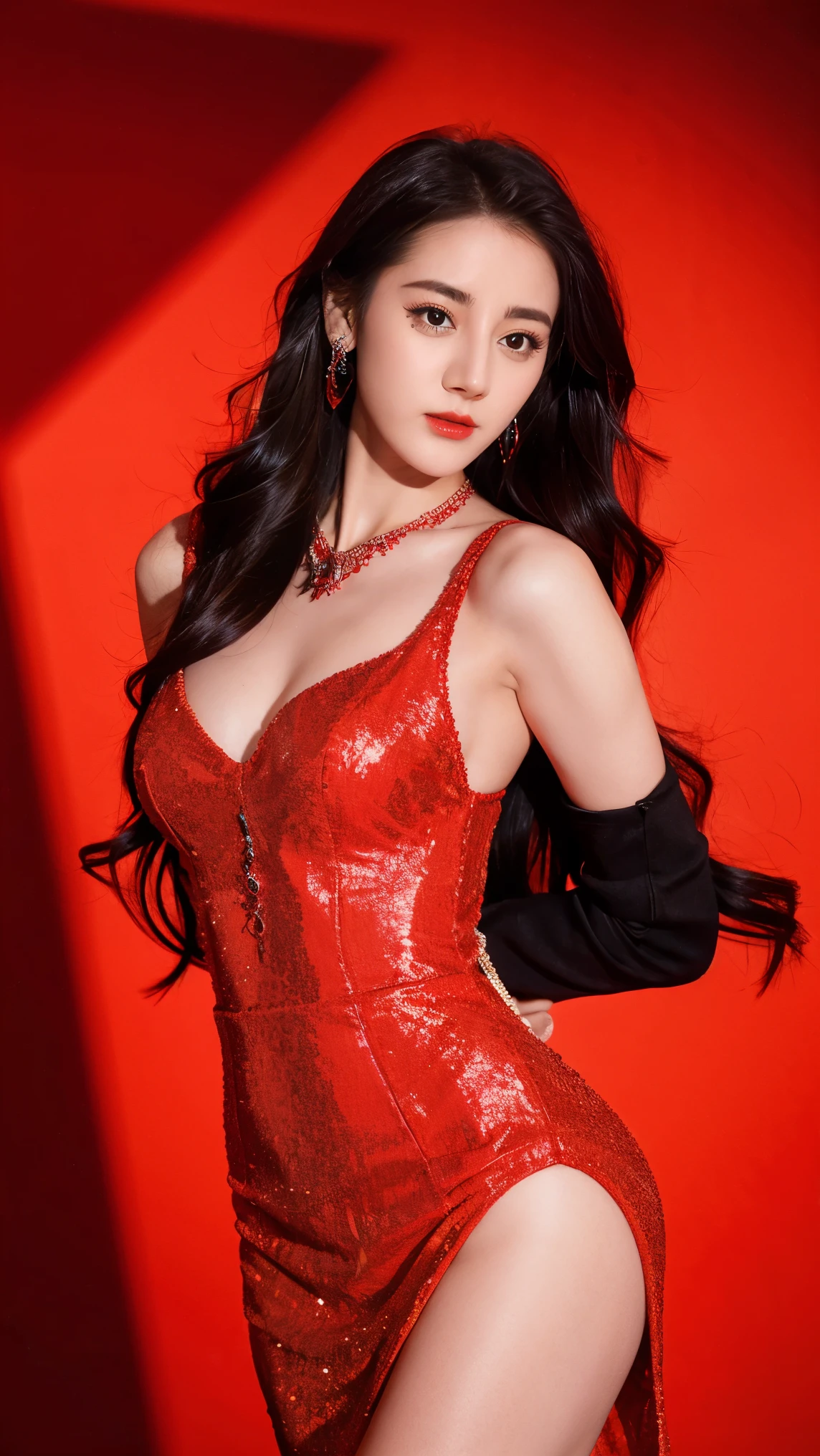 Ultra HD resolution，detail , ultra sharp ,sexy photos，Photography，21 yo sensual seductive mature girl,earrings,long wavy bright brown hair,Red background, half-opened long transparant with side cut grayish dress,necklace,damp , cleavage 