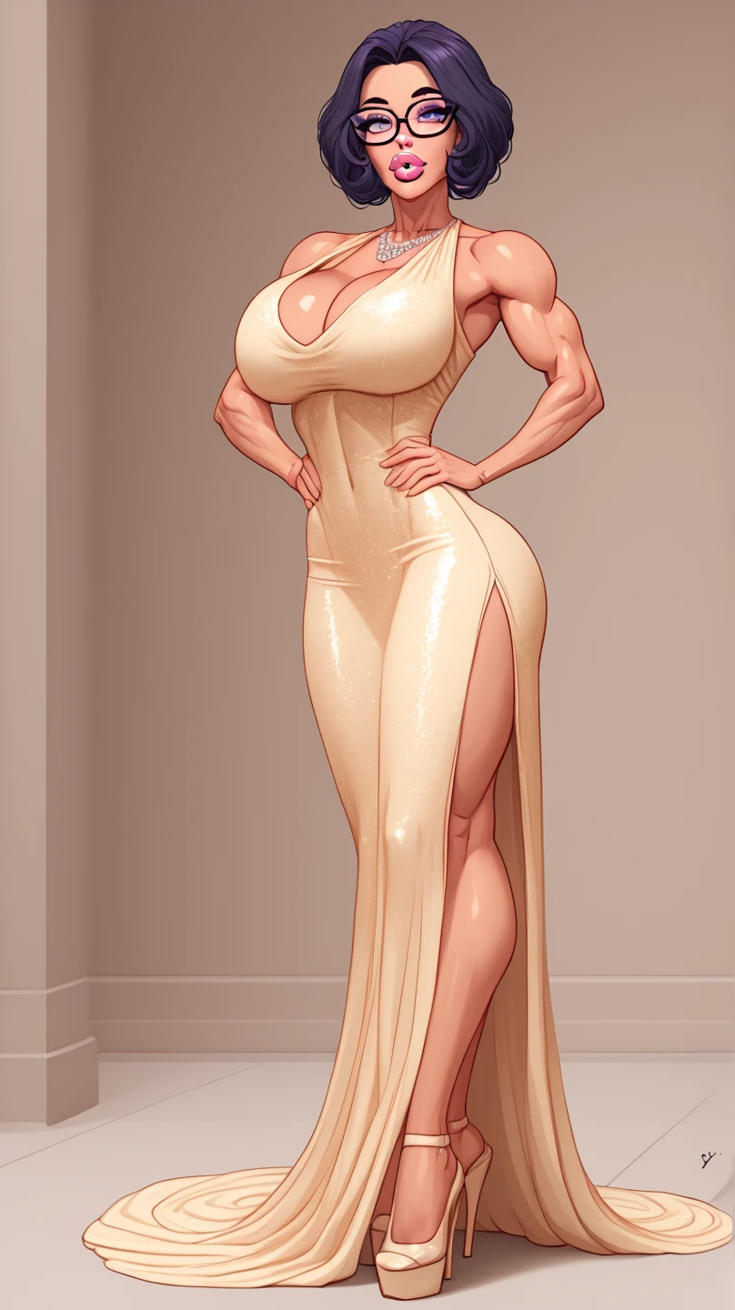 (((SFW))), (Fullbody view), hypermuscular 29 yo woman, perfectly trained ((muscular body)), both legs visible, very impressive bulky musculature, short raven-black straight hair, pale skin, glasses, graceful and feminine, very large full lips with silicon lip fillers, enormously large lips, large wide mouth, beautiful elegant dress 