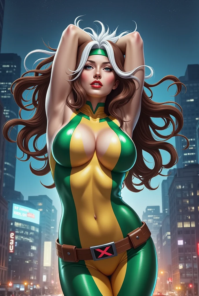 (  masterpiece ,  realistic , perfect,  photograph ,  high resolution and definition )  X-Men Rogue in a sensual and erotic pose,  tight suit, nice image detail ,  Beautiful legs ,  detailed face, light eyes,  beautiful butt ,  slender and detailed body ,  big breasts. Brown hair with a tuft of white hair on the top,  long loose hair .  Great detail of the background and environment . in the city at night .