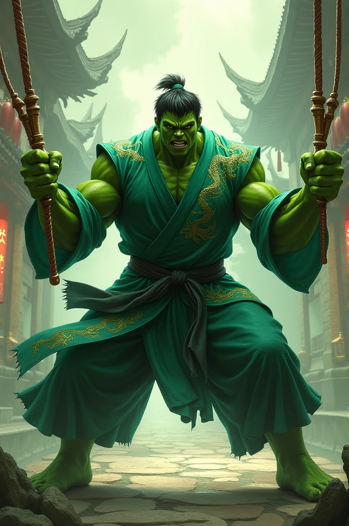 A hulk as a Chinese kungfu master wearing a typical Chinese kungfu master's clothes, cinematic, extreem realistic, extreem detailed, extreem Sharp, full body shot