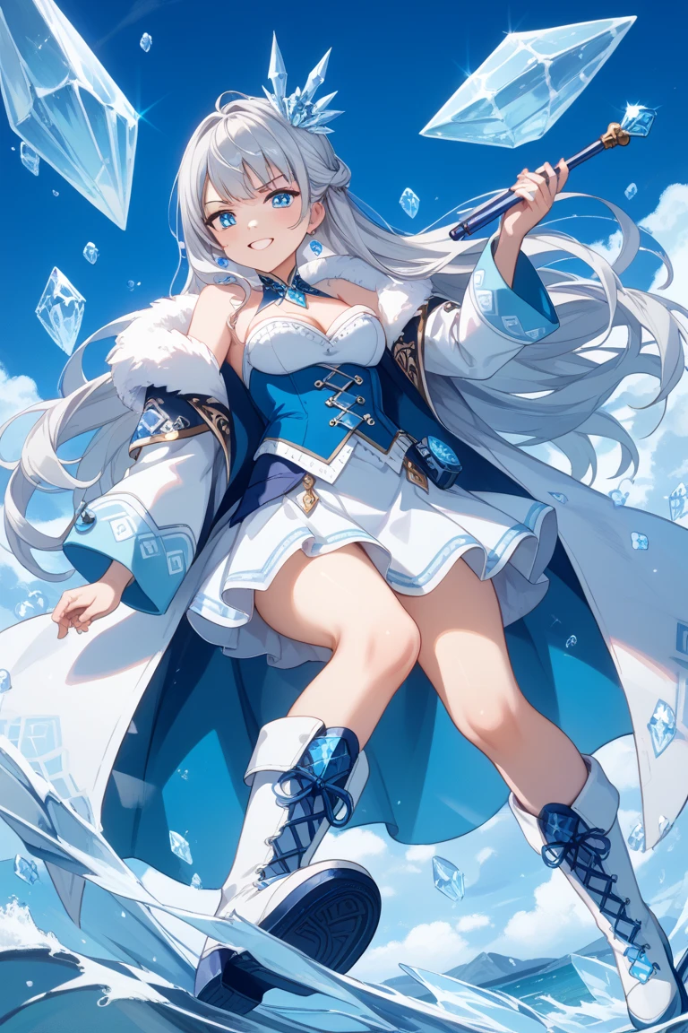 masterpiece, 1girl, (full body),looking at viewer,curvy,blue dress,winter queen,a Sceptor of candy,heart shaped pupils,