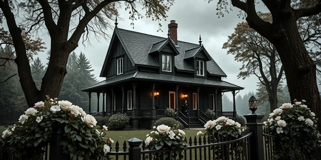 19th century, private house with flower beds of white rose bushes, luxurious fence, large and spacious two-story house, style: dark baroque, dark core, black roof, 19th century, serious, a bit gloomy, strict style, black fence, balcony on the second floor, cloudy weather, black trees, sad bark, old house, slightly broken, antique, not very neat, pale colors, dull colors and sky, black 