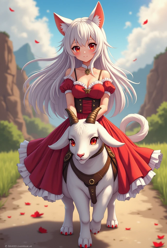 (best quality) women, anime style, brown skin, golden eyes, goat pupils, white hair, long hair, cute, breasts, mature, gorgeous, red dress