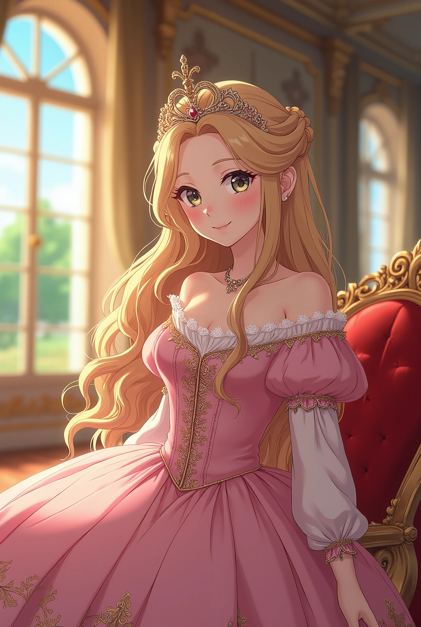 The Rose of Versailles, princess, smile, friendship pose, Palace of Versailles,  best quality,  high image quality, 8k,  anime illustrations, 