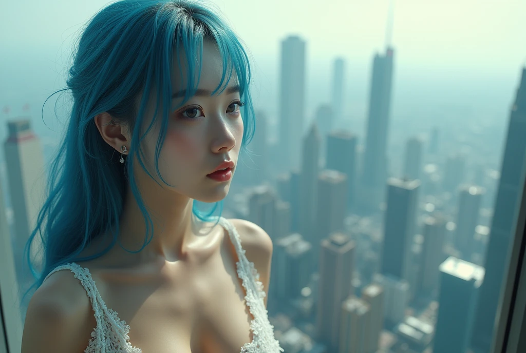 (masterpiece), best quality, ultra high res,, cyberpunk 1girl flying above stunning cityscape ,hoodie,blue hair,  neon color shooting stars, very long hair, off shoulder, feather hair ornament, neon colors, flashes, stunning night sky, cinematic lighting, photorealistic, realistic skin, HDR,fisheye