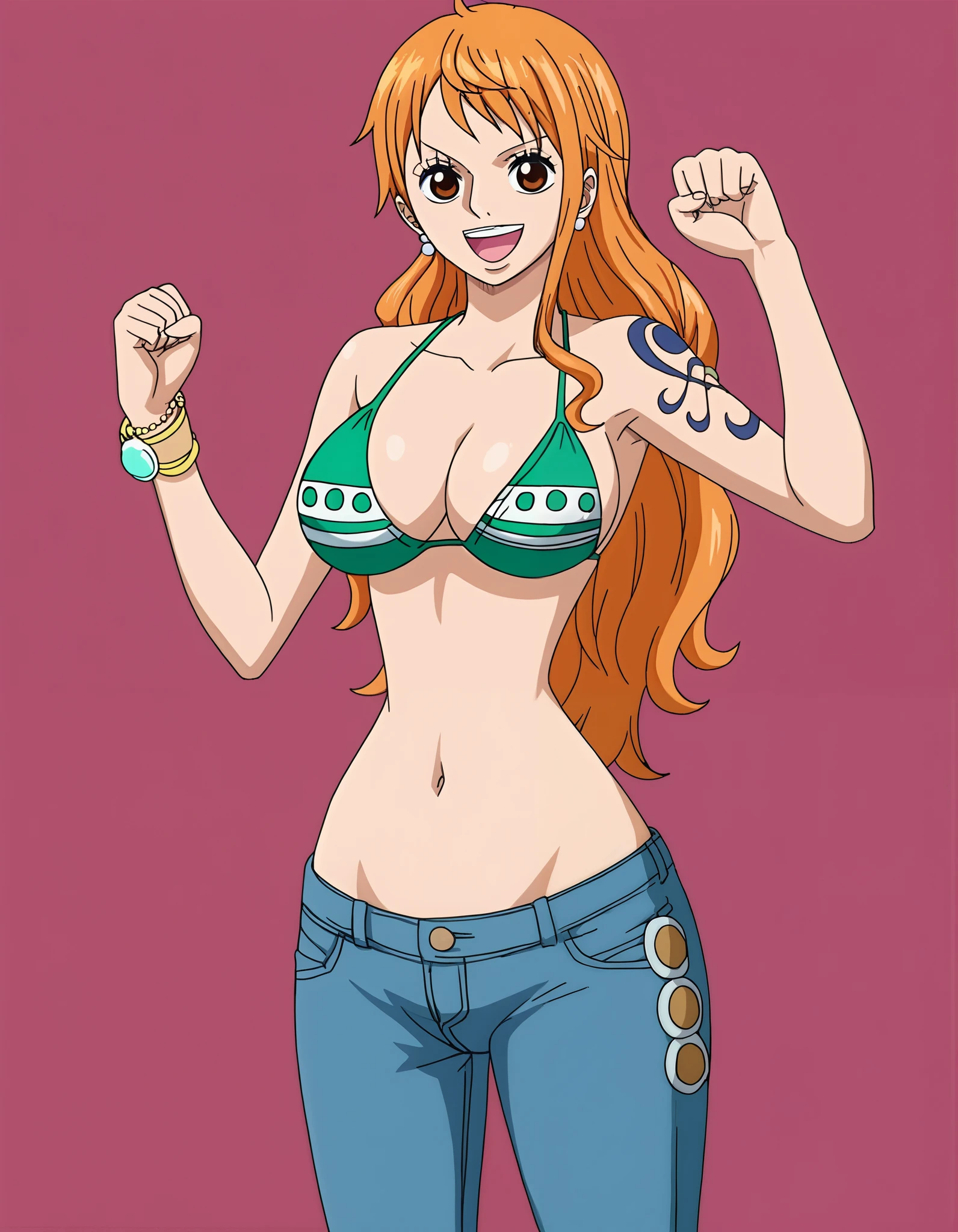 score_9_up, best quality, solo, source_anime, 1girls, Nami, green bikini, sexy, (bigger than medium breasts), navel, (jeans), leaning on ringside), (cheering wrestlers:1.6), closed fists, vice gripped from behind